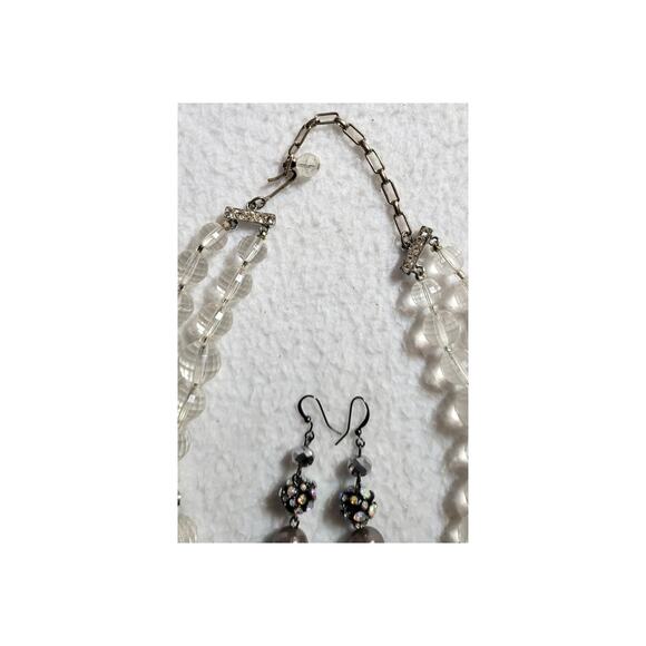 Vtg Clear Faceted Beaded 2 Strand 16-18" Necklace Hook Clasp Pierced Earrings - Picture 3 of 5